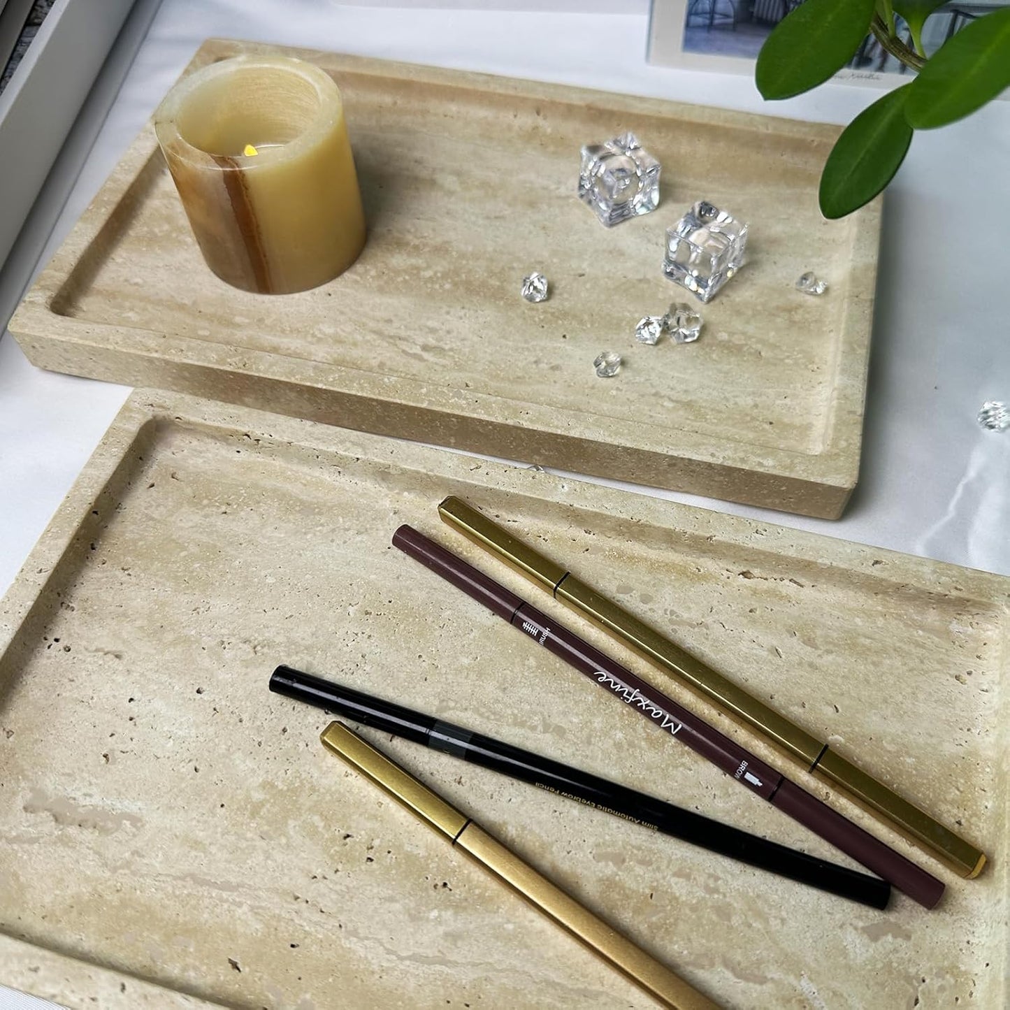 Natural Travertine Stone Perfume Tray, 9.8"x5.9" Marble Vanity Tray for Bathroom/Kitchen/Coffee Table