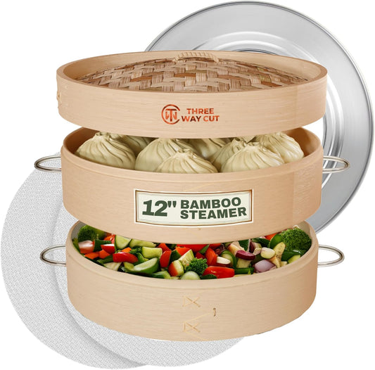 2 Tier Bamboo Steamer- 12" Baskets With Handle, Silicone Liner, Adapter, Molder Press For Cooking Vegetables Dumpling Press & Dough Cutter for Steaming Chinese Asian Food & Bao Bun, Dim Sum Potsticker