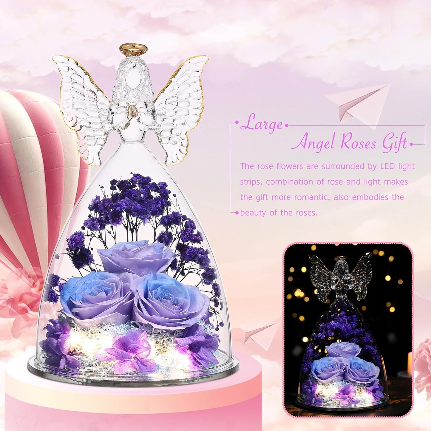 Christmas Rose Gifts for Women Preserved Real Flower in Glass Angel Figurines Roses for Delivery Prime Birthday Gifts for Mom Grandma Girlfriend Wife Her, BluePurple