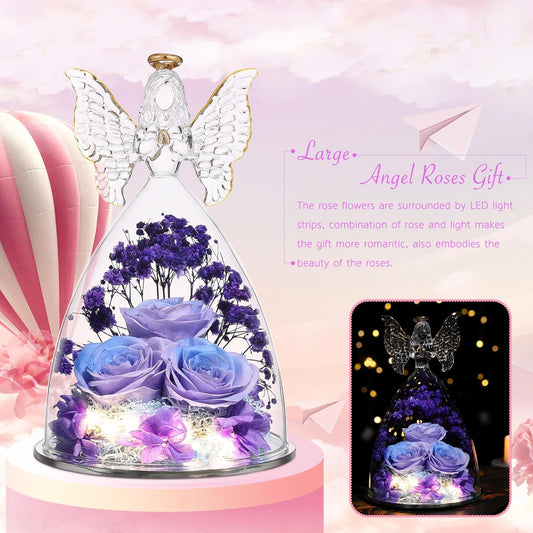 Christmas Rose Gifts for Women Preserved Real Flower in Glass Angel Figurines Roses for Delivery Prime Birthday Gifts for Mom Grandma Girlfriend Wife Her, BluePurple