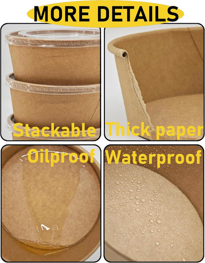 50Pack Disposable Kraft Paper Bowls with Lids & Forks 36oz (1100ml) Round Food Containers Heavy Duty Serving Bowls for Hot/Cold Food Soups Salads Take Out Containers for Household & Restaurant & Party