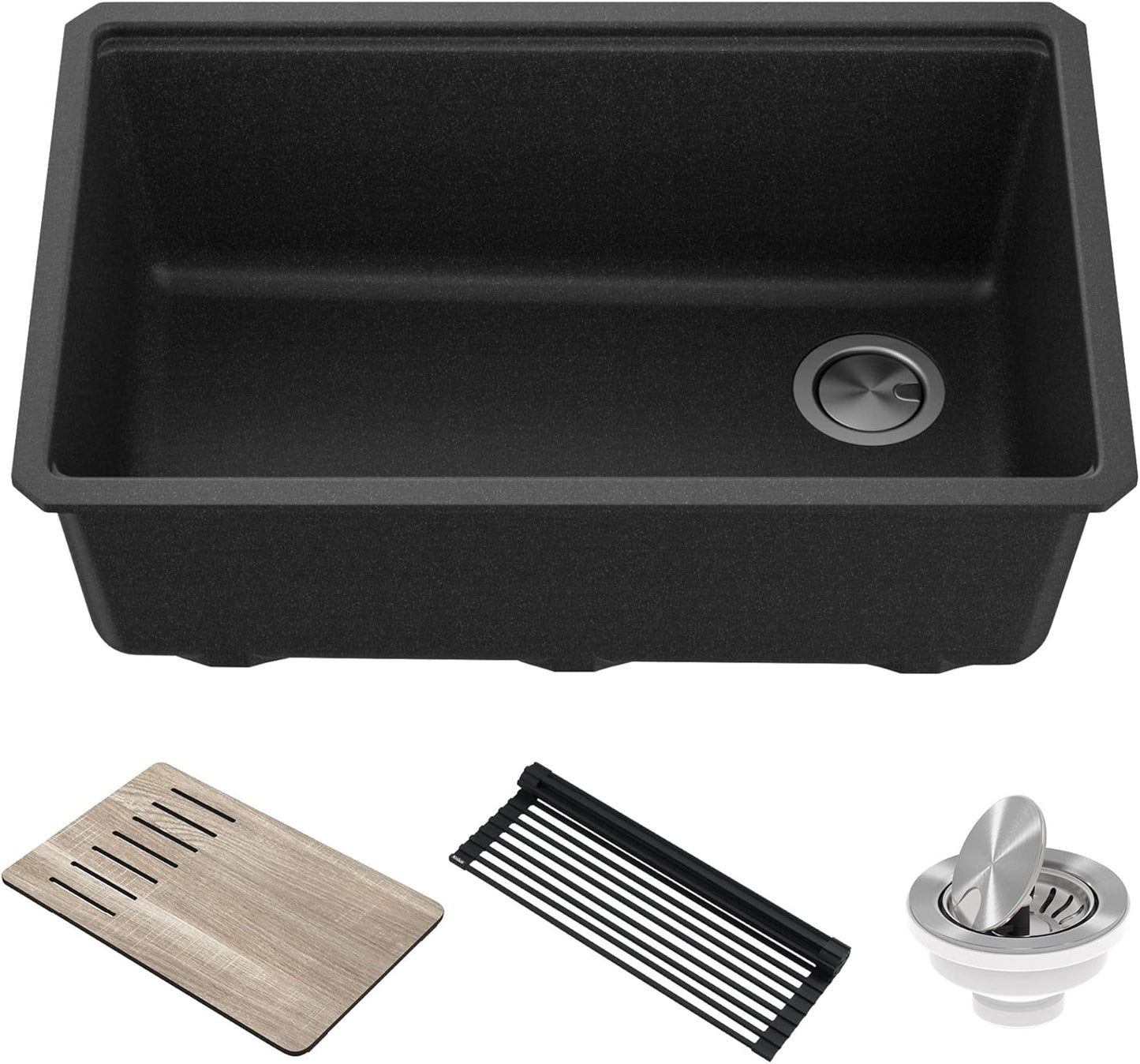 KRAUS Bellucci 30” in. Undermount Workstation Granite Kitchen Sink in Metallic Black with Accessories, KGUW2-30MBL