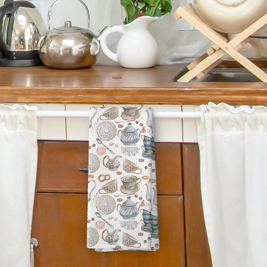 Vintage Teacups Kitchen Dish Towels, Retro French Garden Tea Lover Gifts for Women Men, Coffee Cups Teapots Kitchen Decor, Tea Time Hand Towels Kitchen Bathroom Tea Towels Decorations, 16x24inch