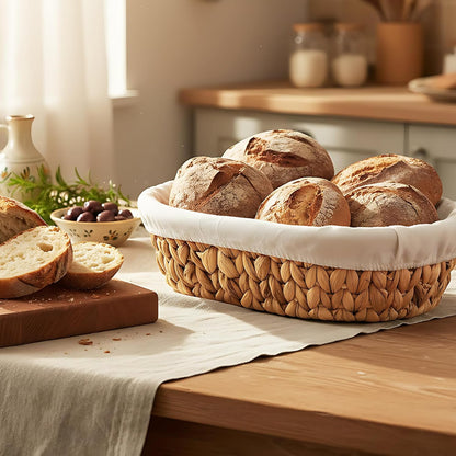 Bread Baskets for Serving with Stone (Large Oval 13.8 x 9.5) - Bread Basket with Warming Stone for Rolls & Tortillas, Gift for Bakers, Sourdough Lovers, Hostess, New Homeowner
