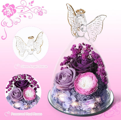 Christmas Rose Gifts for Women Preserved Real Flower in Glass Angel Figurines Roses for Delivery Prime Birthday Gifts for Mom Grandma Girlfriend Wife Her, Colorful Purple
