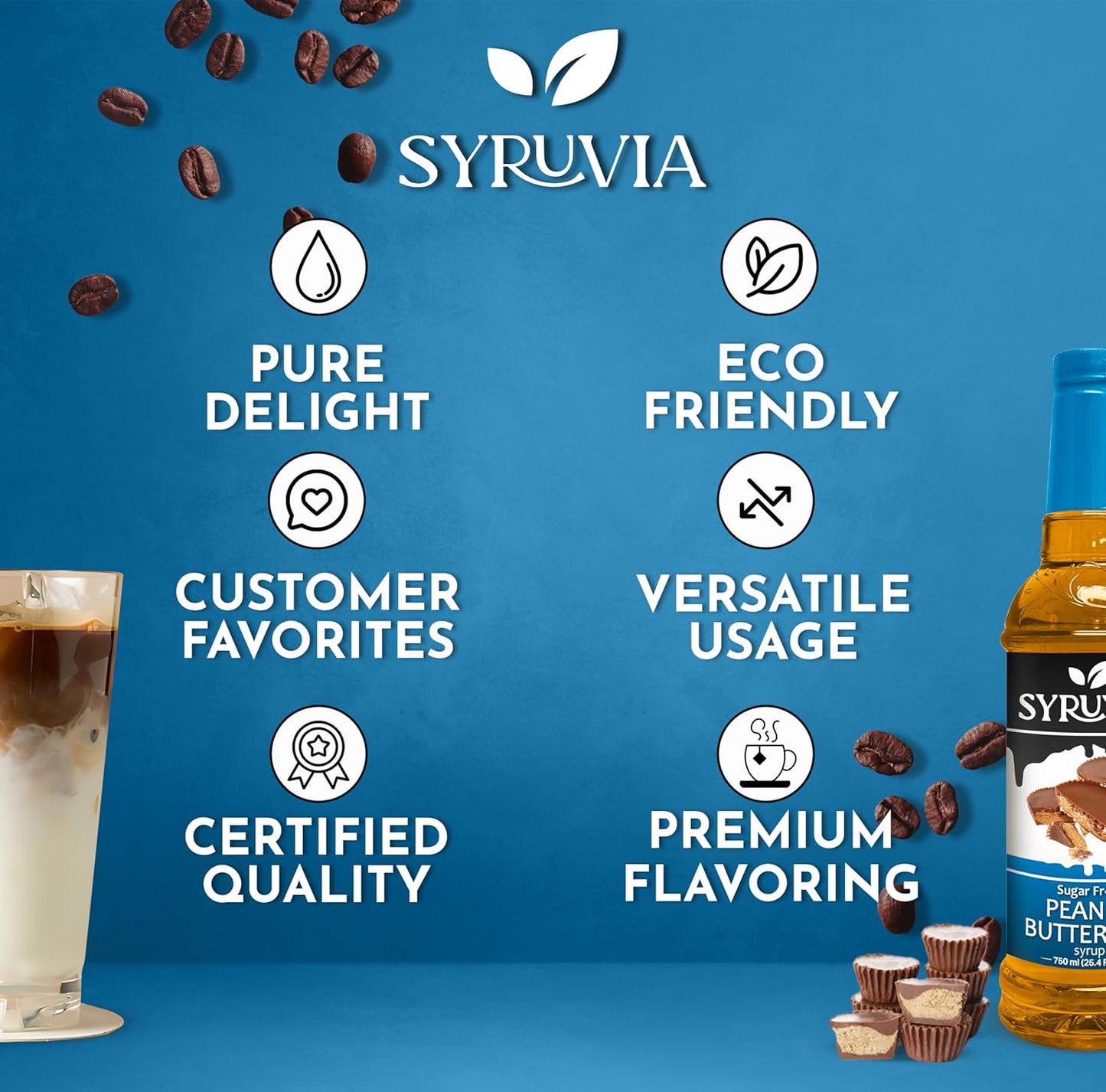 Syruvia Sugar Free Coffee Syrup, Peanut Butter Cup Flavored Syrup for Drinks, Lattes, and Desserts – 25.4 fl oz