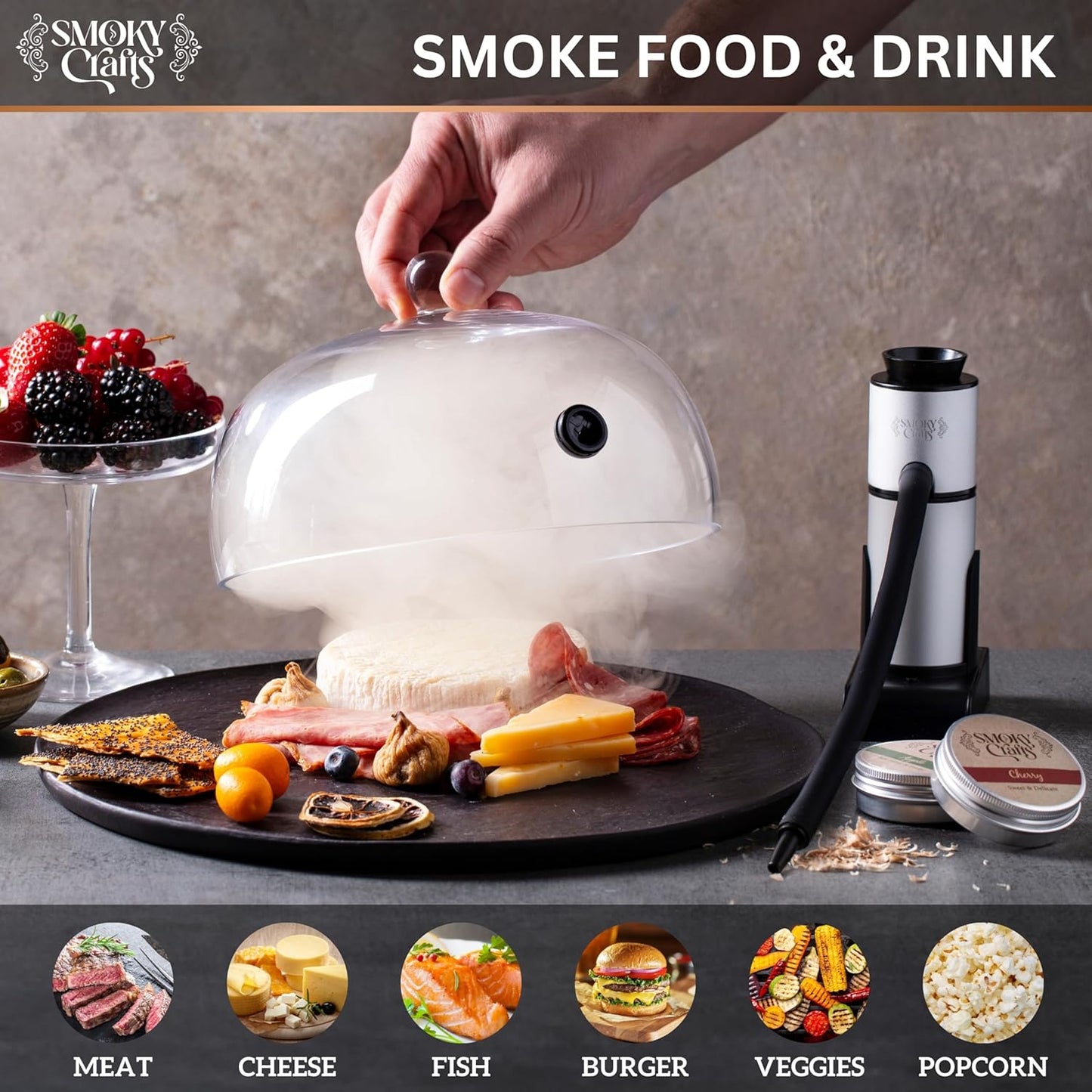 Food and Drink Smoker Kit with Smoke Gun, 8" Smoking Cloche Glass Dome, Acacia Cocktail Smoke Top and Wood Chips (Apple & Cherry) - Whiskey Smoker Kit - Gifts for Men