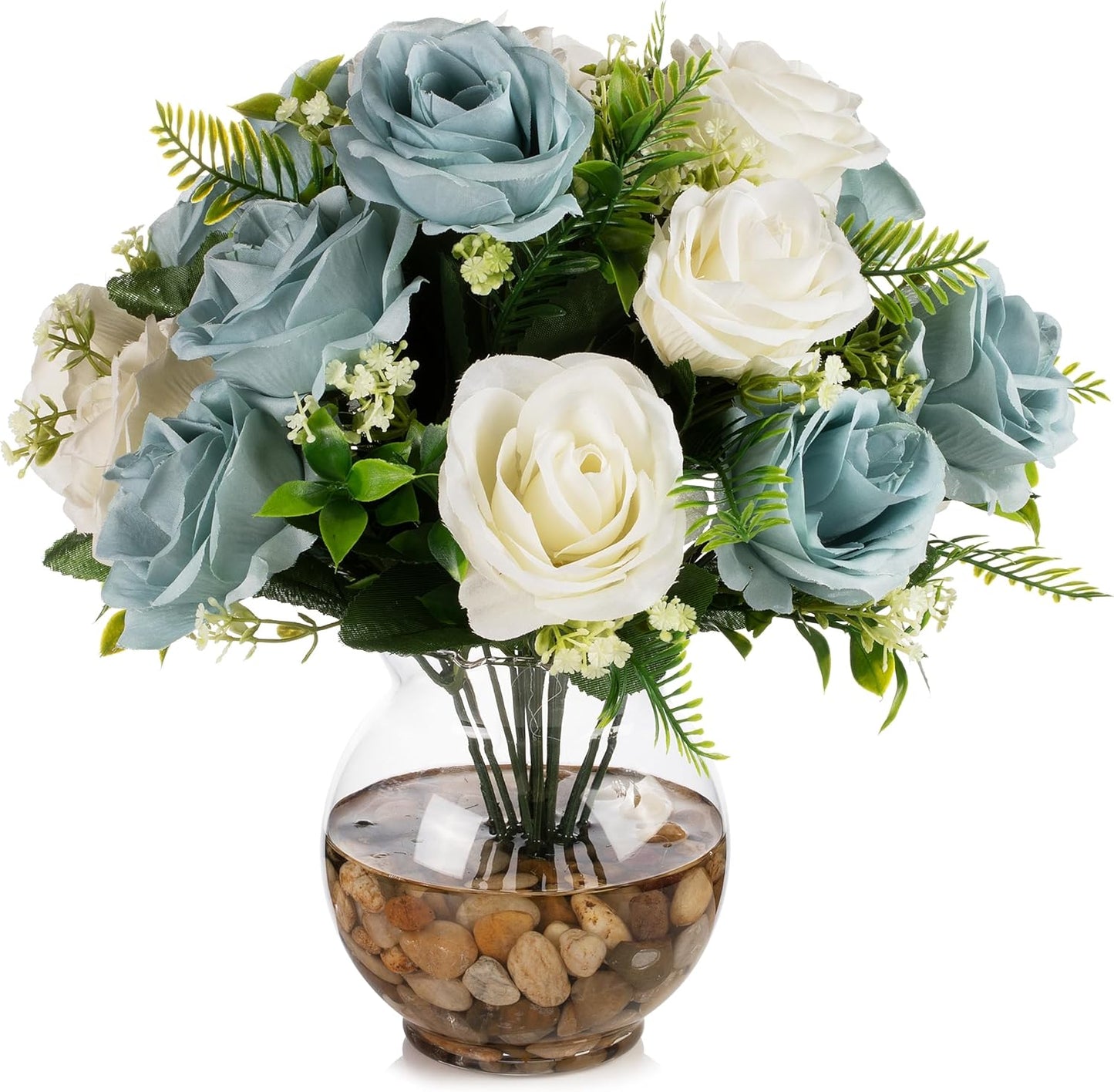 ENOVA FLORAL 18 Heads Silk Rose Artificial Flowers in Vase,Faux Rose Flowers Arrangement in Round Bowl Vase with Faux Water and River Rock for Table Decor Centerpieces (Blue Cream)