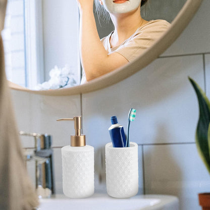 Wakauto Ceramic Bathroom Washing Accessory Set White Including Soap Plate Lotion Container Toothbrush Cup for Bathroom Organization and Space Saving