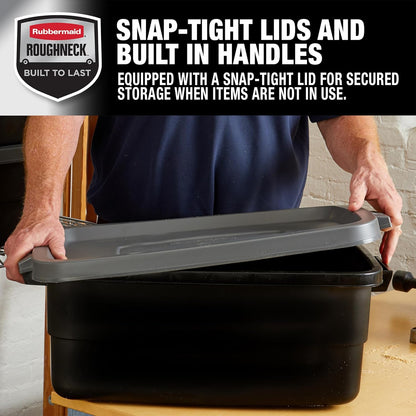 Rubbermaid 6-Pack Totes for Storage with Lids, Heavy Duty Plastic Storage Bins with Lids, Black Gray, 10 GAL - Stackable for Garage, Attic, Camping (10 GAL - 6 Pack Solid Black and Grey)