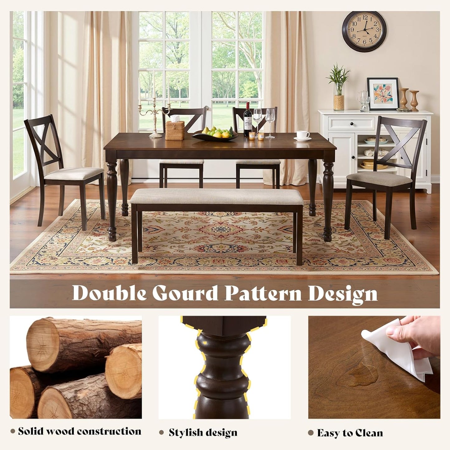 6-Piece Solid Wood Dining Table Set, 71" Farmhouse Kitchen Table with 4 Upholstered Chairs and Bench, Large Dining Room & Kitchen Furniture Set, Brown & Black