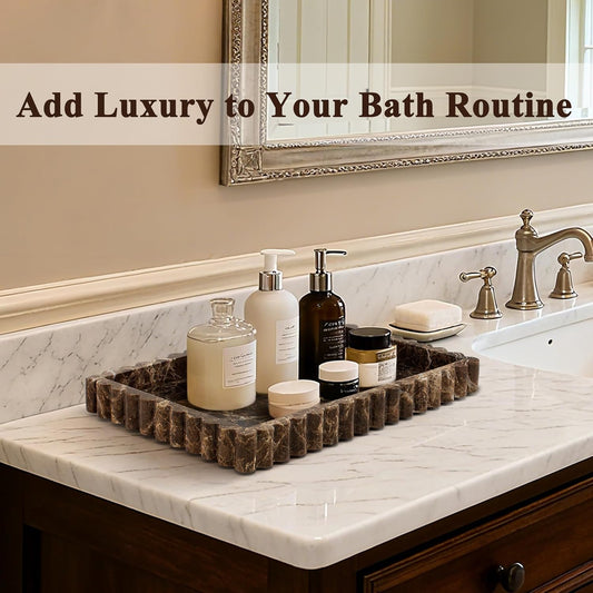 Natural Marble Tray for Bathroom, Real Stone Decorative Vanity Tray with Fluted Edge, Large Marble Serving Storage Tray for Kitchen Counter, Dresser, Home Decor, 11.8" x 8", Dark Brown