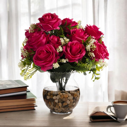 ENOVA FLORAL 18 Heads Silk Rose Artificial Flowers in Vase,Faux Rose Flowers Arrangement in Round Bowl Vase with Faux Water and River Rock for Table Decor Centerpieces (Fushia)