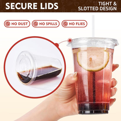 YEEHAW 12 oz. - 100 Pack Clear Plastic Cups With Lids, Disposable Iced Coffee Cups with Flat Lids, Crystal Smoothie Cup for Party, Lemonade Stand, Cold Drinks, Juice, Milkshake