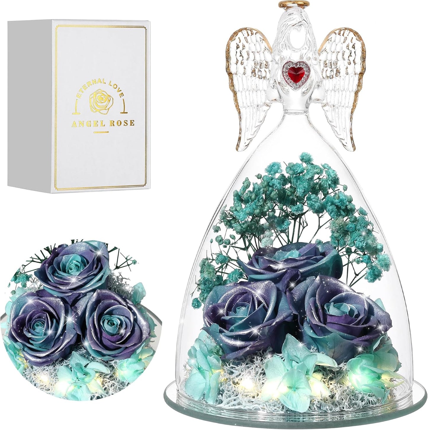 Mothers Day Rose Gifts for Women, Large Angel Figurines with Real Roses, Preserved Real Flower Rose for HerGlitterPurpleAquablue
