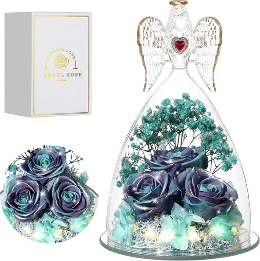 Mothers Day Rose Gifts for Women, Large Angel Figurines with Real Roses, Preserved Real Flower Rose for HerGlitterPurpleAquablue