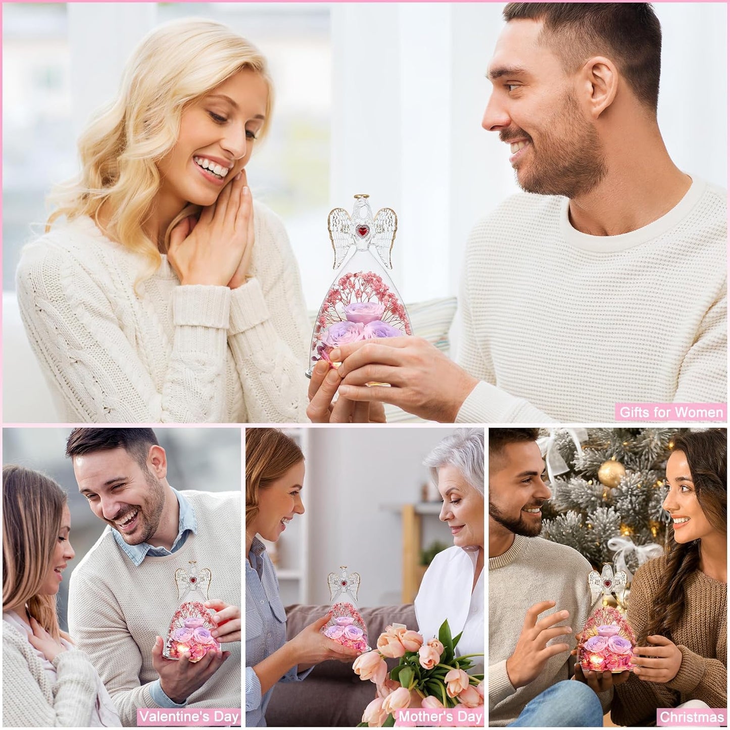 Mothers Day Rose Gifts for Women, Large Angel Figurines with Real Roses, Preserved Real Flower Rose for Her, PinkPurPink