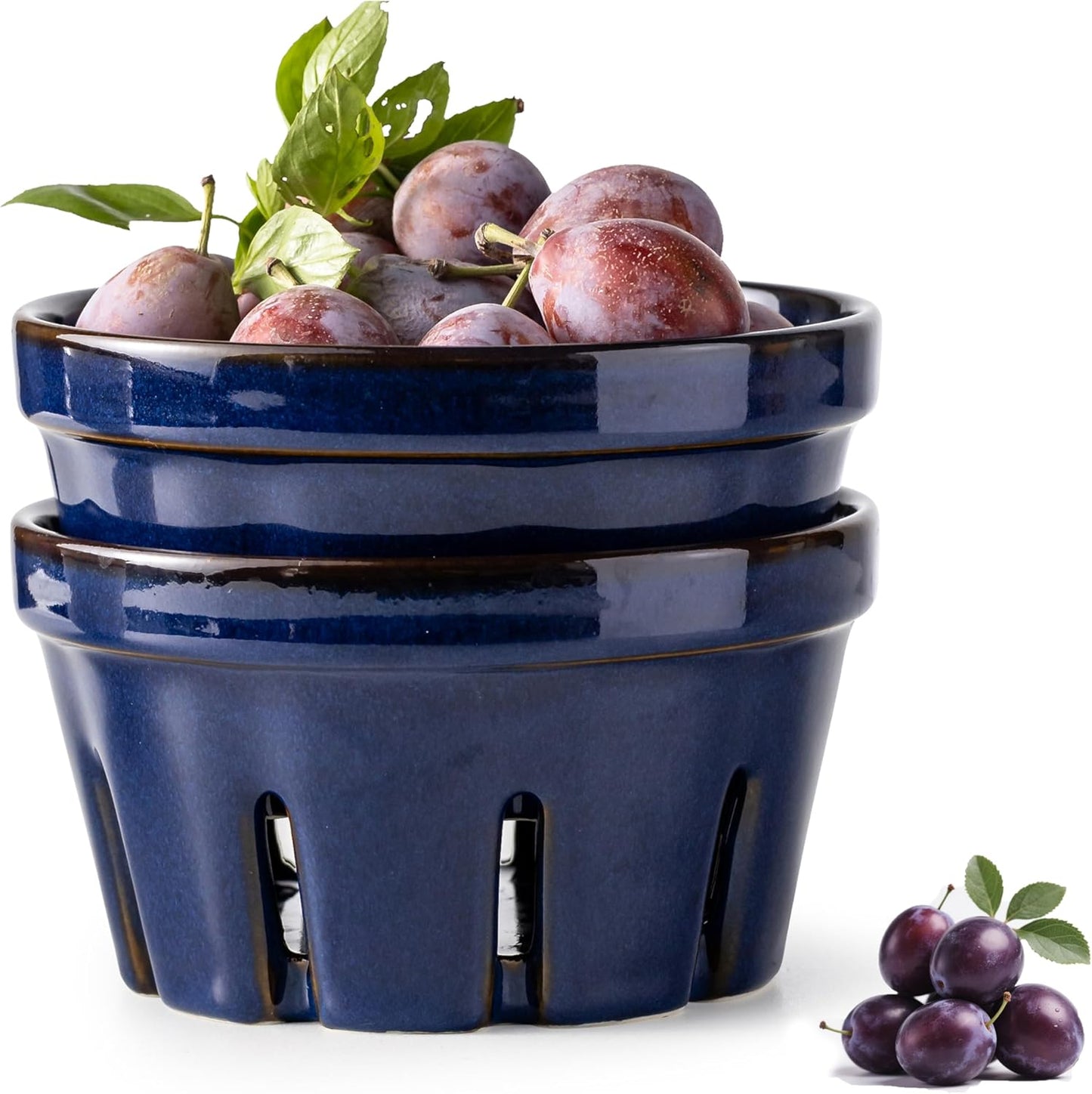 Gomakren Fruit Bowl with Holes, Ceramic Berry Basket Set of 2, 5.8 Inch Round Fruit Storage Containers, Strawberry Baskets, Farmhouse Kitchen Decor - Cobalt Blue