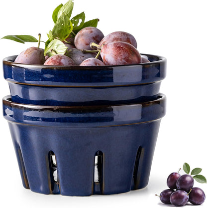 Gomakren Fruit Bowl with Holes, Ceramic Berry Basket Set of 2, 5.8 Inch Round Fruit Storage Containers, Strawberry Baskets, Farmhouse Kitchen Decor - Cobalt Blue