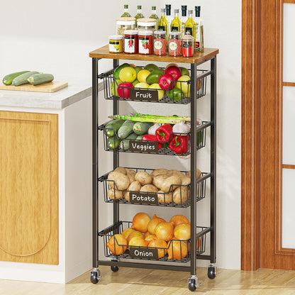 Kitchen Storage Cart with Wheels, 5-Tier Metal Utility Rolling Cart Fruit Vegetable Storage Basket Pantry Rack with Wood Top & Pull Out Baskets for Kitchen, Livingroom, Diningroom, Office