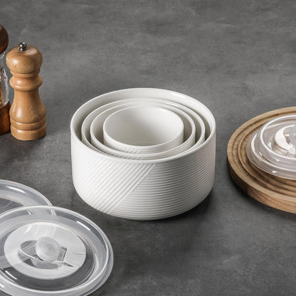 Ceramic Nesting Bowls with Lids: Mixing Bowls with Lids - Porcelain Food Storage Containers For Prep and Serving, Microwavable Kitchen Bowl Set of 4, 50/32/20/10 oz (White)