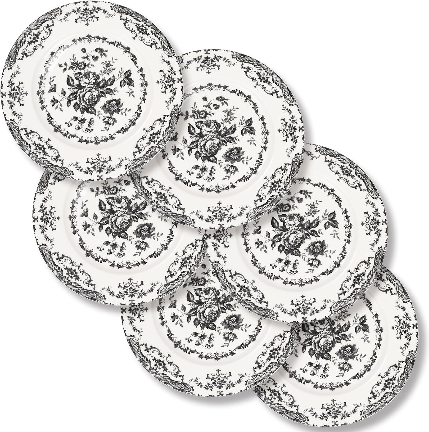 Dinner Plates Set of 6, Ceramic Kitchen Plates Microwave Safe Plates, 10.5 Inch Porcelain Dinner Plates Floral, Black