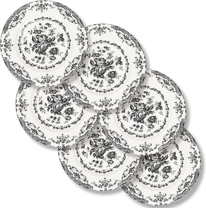 Dinner Plates Set of 6, Ceramic Kitchen Plates Microwave Safe Plates, 10.5 Inch Porcelain Dinner Plates Floral, Black