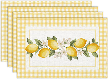 Yellow Lemon Placemats Set of 4, 12x18 Inch Summer Fruits Buffalo Plaid Floral Farmhouse Seasonal Spring Holiday Coffee Table Mats for Party Kitchen Dining Decoration