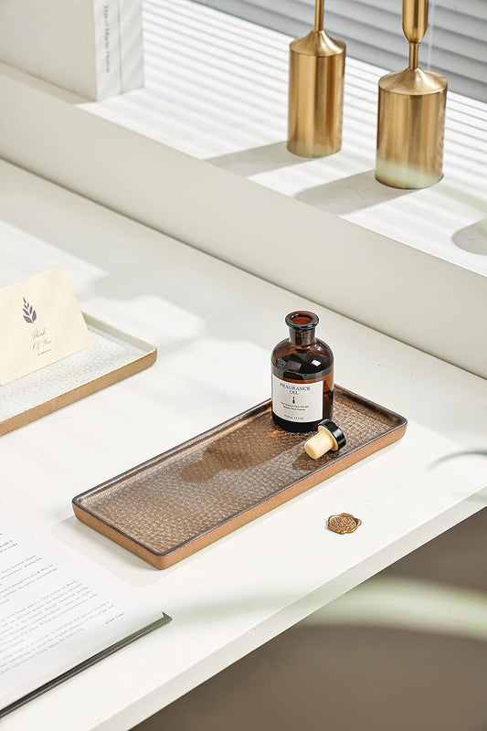 Vanity Tray, Ceramic Decorative Tray, Rectangular, Brown, 12"4.7", Rustic Finish, Raised Edges, Perfect for Perfume, Jewelry, Bath Accessories, Cosmetics, Toiletries