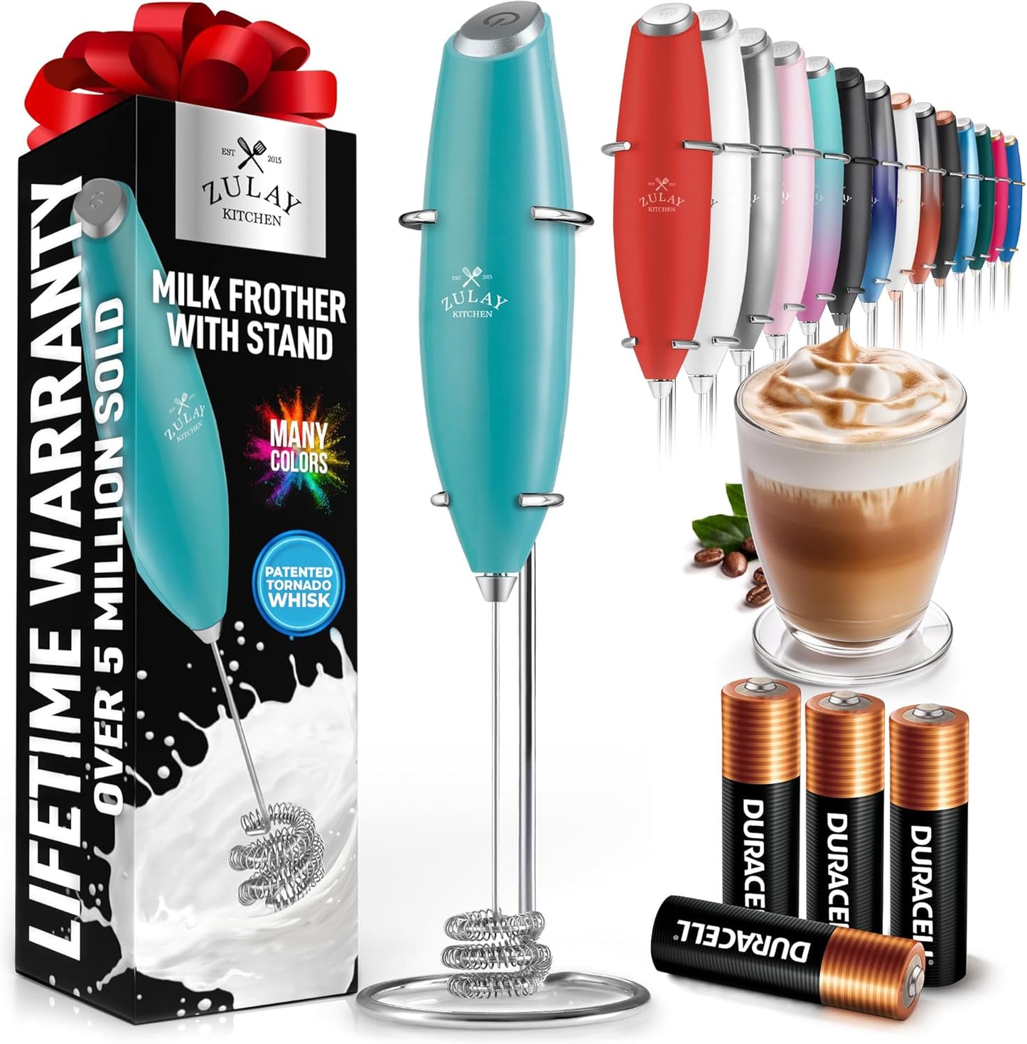 Zulay Kitchen Patented Tornado Triple Whisk Milk Frother with 4 Duracell Batteries – Handheld Foam Maker for Coffee, Lattes, Matcha & Hot Chocolate – Rich, Creamy Froth in Seconds