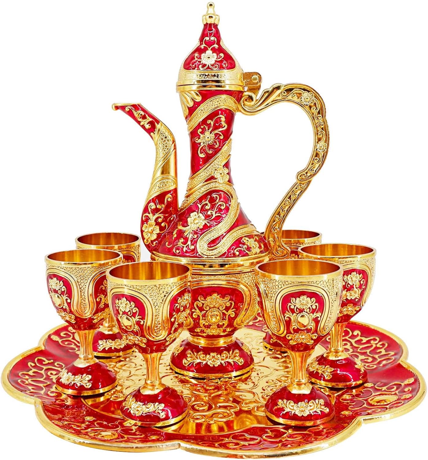 Vintage Turkish Coffee Pot and Cups Set,Tea Service Set Including Teapot,Tea Tray and Metal Cups for Wine Cabinet Decor,Wedding Ornaments (Gold and Red)