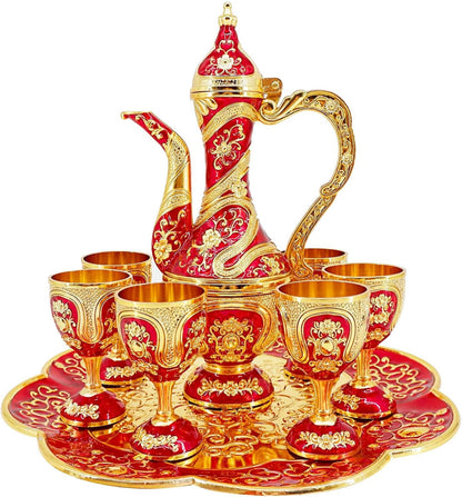 Vintage Turkish Coffee Pot and Cups Set,Tea Service Set Including Teapot,Tea Tray and Metal Cups for Wine Cabinet Decor,Wedding Ornaments (Gold and Red)