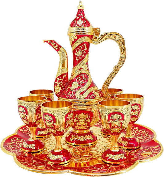 Vintage Turkish Coffee Pot and Cups Set,Tea Service Set Including Teapot,Tea Tray and Metal Cups for Wine Cabinet Decor,Wedding Ornaments (Gold and Red)