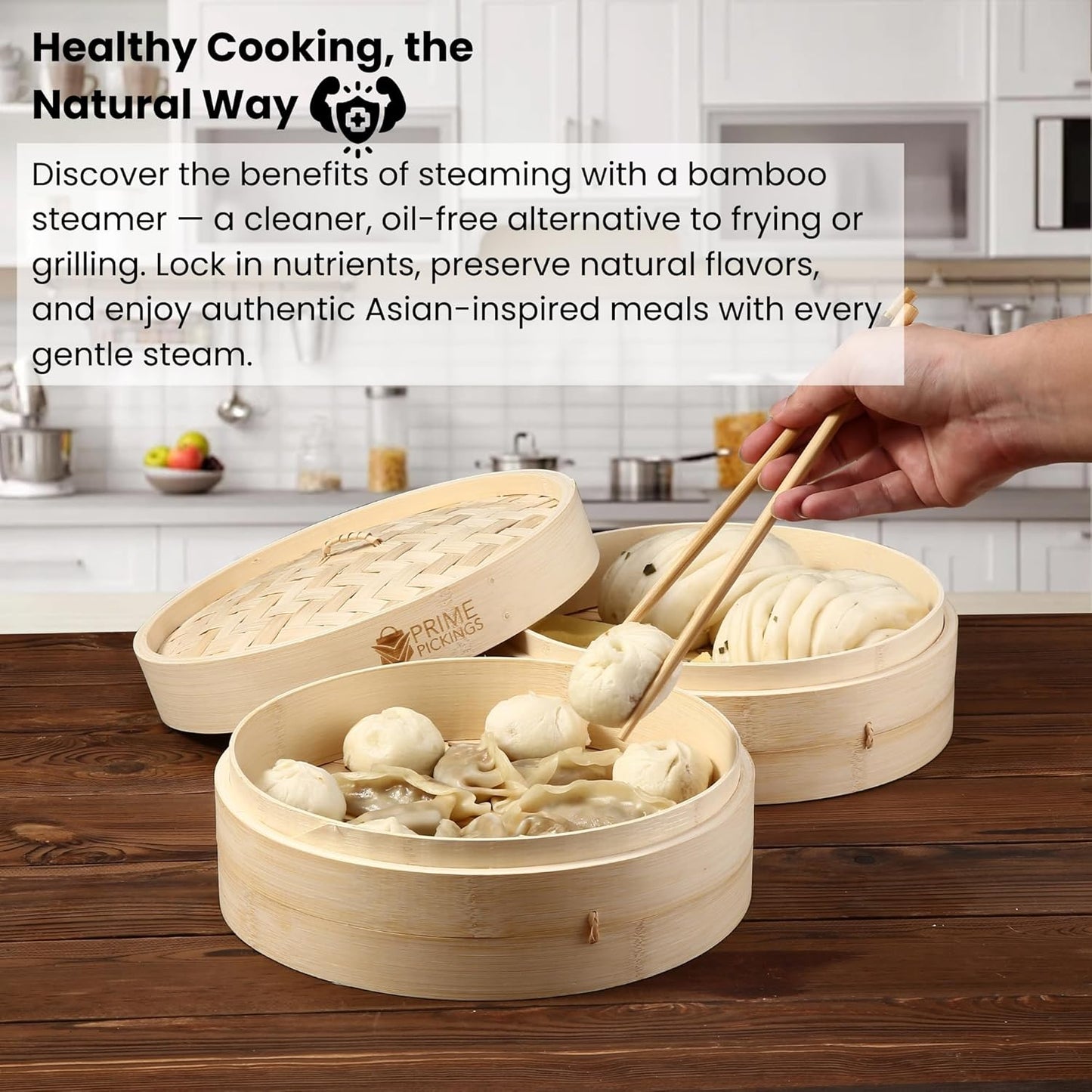 Bamboo Steamer Basket | 2-Tier Handmade Basket Dumpling Steamer Basket-Traditional Design bamboo steamer for Cooking Dumpling Bao Bun, Rice Potsticker Steaming Chinese Asian Food & Vegetables