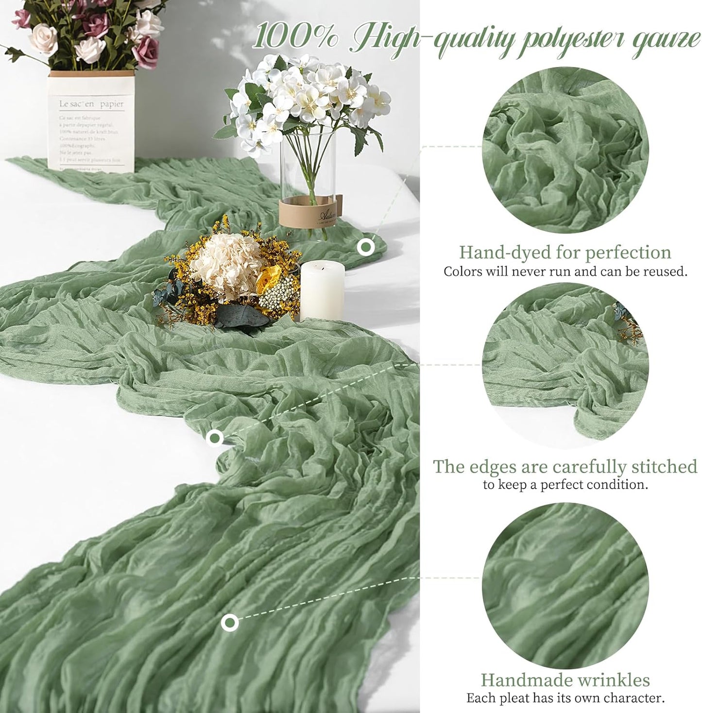 24 Packs Cheesecloth Table Runner Sage Green,10 Ft Sage Green Table Runner for Wedding, Rustic Gauze Boho Decoration for Wedding Party Bridal Shower,21.5x120in