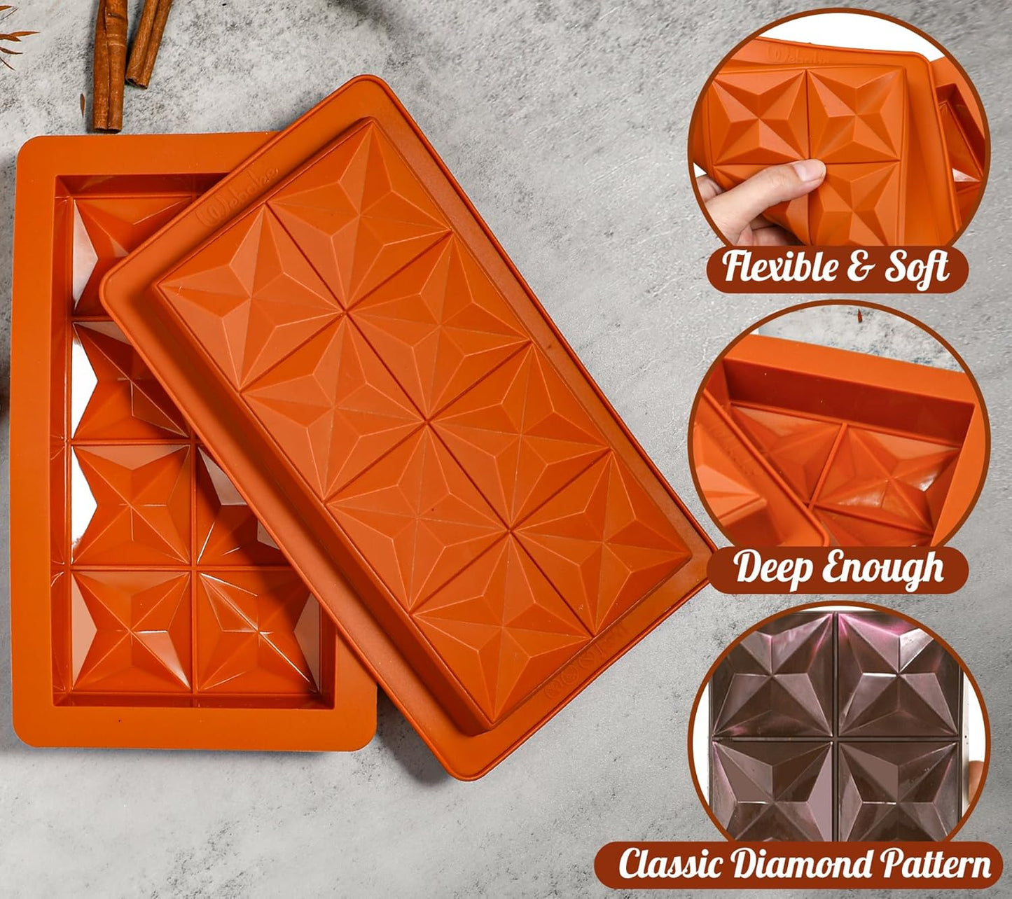 Webake 1 Inch Deep Dubai Chocolate Bar Mold Deep with Diamond Shapes, Silicone Large Stuffed Chocolate Bar Mold Thick, Big Chocolate Candy Bar Mold for Filling Knafeh Pistachio, Pack of 2