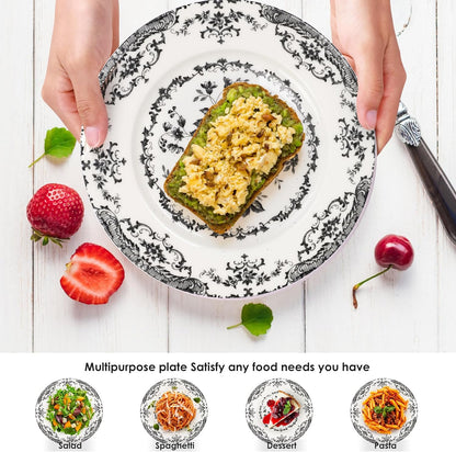 Dinner Plates Set of 6, Ceramic Kitchen Plates Microwave Safe Plates, 10.5 Inch Porcelain Dinner Plates Floral, Black