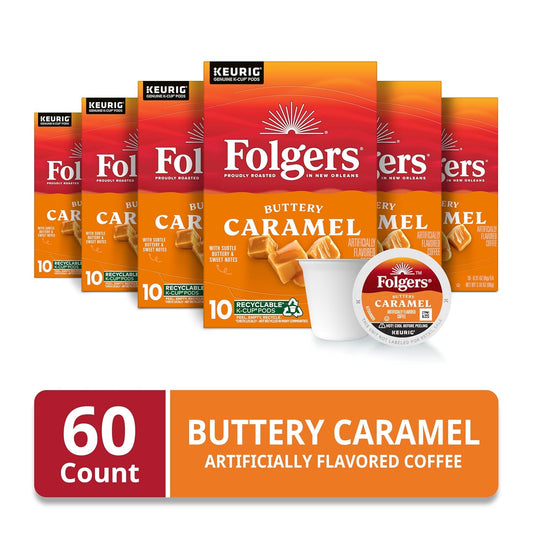 Folgers Buttery Caramel Artificially Flavored Coffee, Keurig K-Cup Pods, 10 Count Box (Pack of 6)
