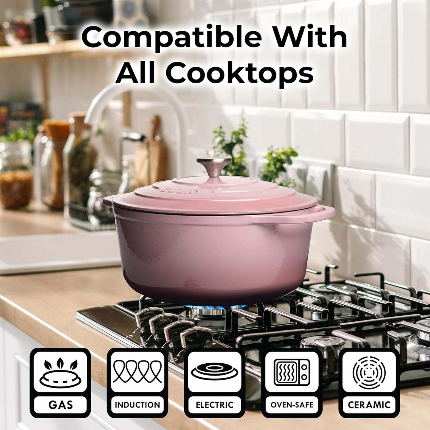 Zulay Kitchen 7.7 Quart Enameled Cast Iron Dutch Oven Pot with Lid – Premium Durability & Oven Safe up to 500°F – Heavy Duty Cookware Perfect for Bread Baking, Stews, Braising & Roasting – Pink