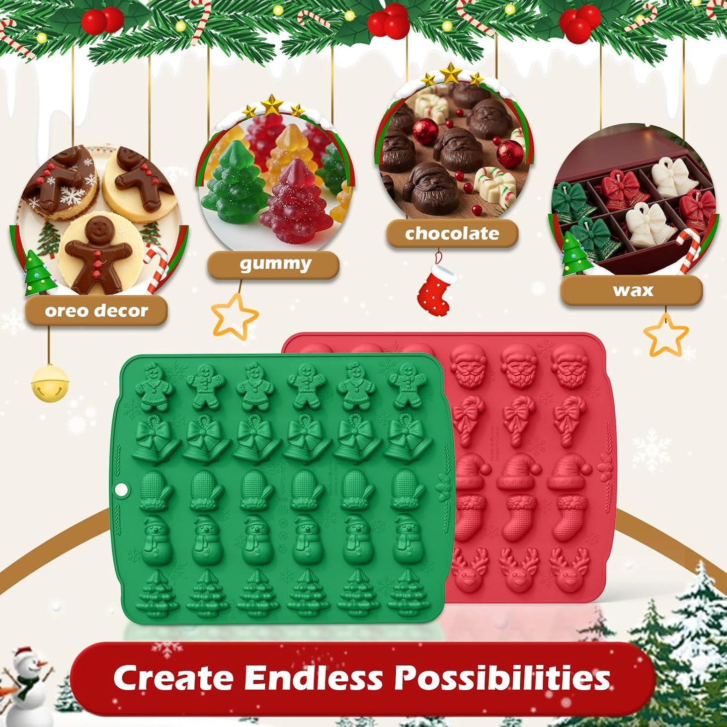 HKNMTT Christmas Silicone molds for Xmas Candy Chocolate Wax Decor, 60 Cavity 11 Shapes Gummy Mould, Including Tree Santa Cane Hat Socks Elk Gingerbread Man Bell Glove Snowman Food Grade DIY Set