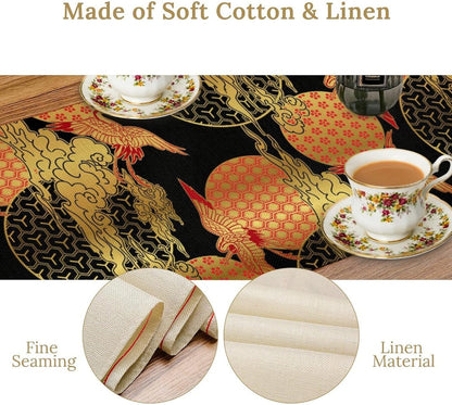 Japanese Crane Table Runner, Luxury Asian Style Oriental Line Art Abstract Geometry Glod Wave Traditional Elements Table Runner for Kitchen Home Party Dinner Set, 13x108 Inch
