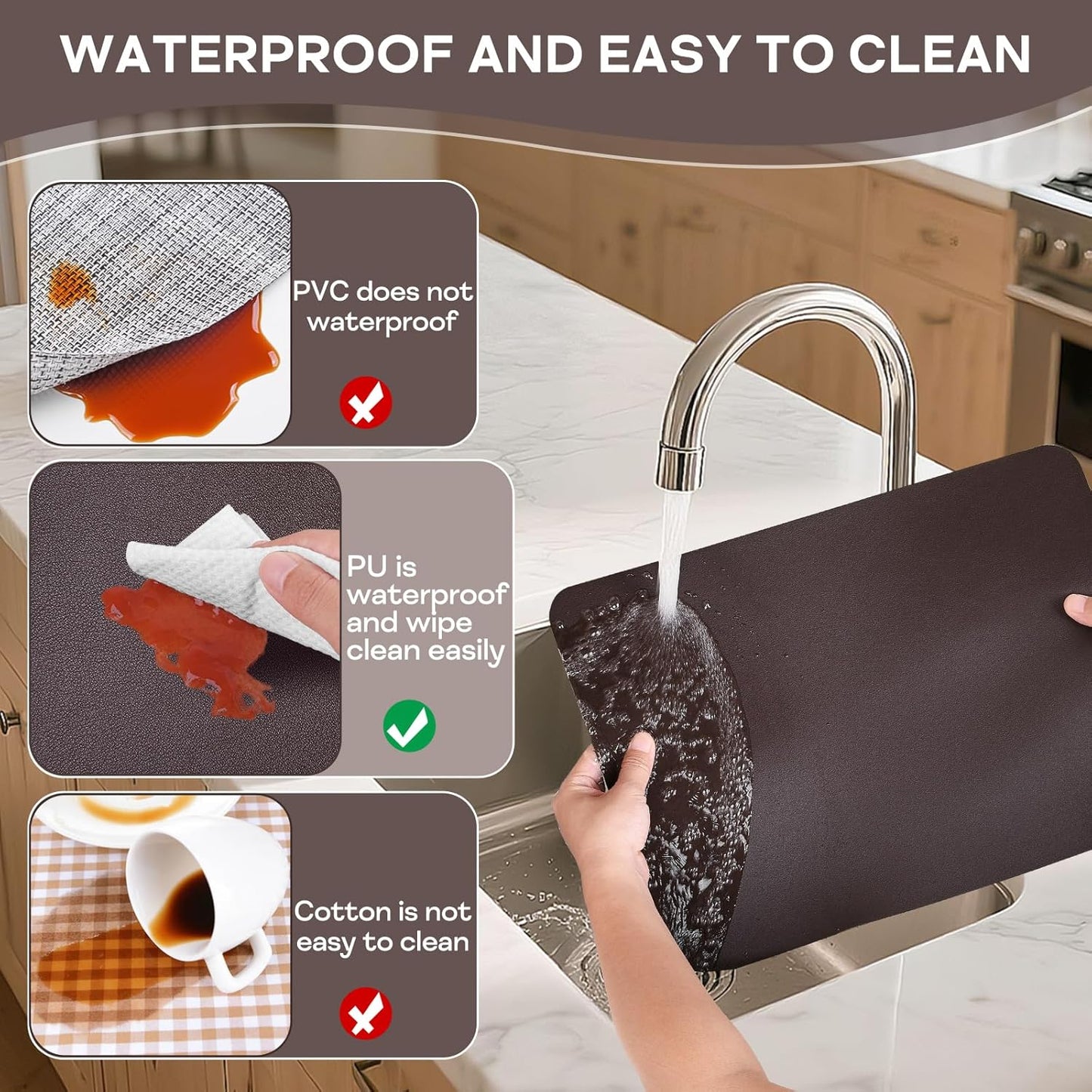 Vinyl Placemats Set of 6, Faux Leather Heat Resistant Kitchen Place Mats, Waterproof Wipeable Dining Table Mats and Coasters for Indoor, Outdoor (Coffee)