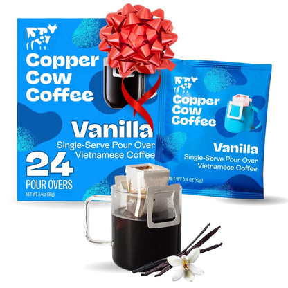 Copper Cow Coffee Premium Pour Over Single-Serve Vietnamese Coffee Pouches (24 pack) | Vanilla | Dark Roast | Flavored with Vanilla Beans | Convenient Vietnamese Ground Coffee Packets, Travel Friendly