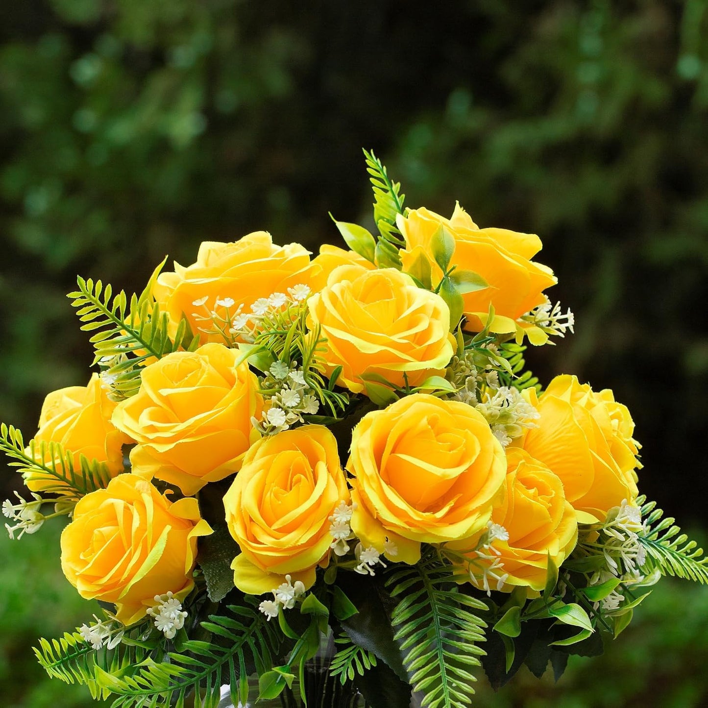 ENOVA FLORAL 18 Heads Silk Rose Artificial Flowers in Vase,Faux Rose Flowers Arrangement in Round Bowl Vase with Faux Water and River Rock for Table Decor Centerpieces (Yellow)