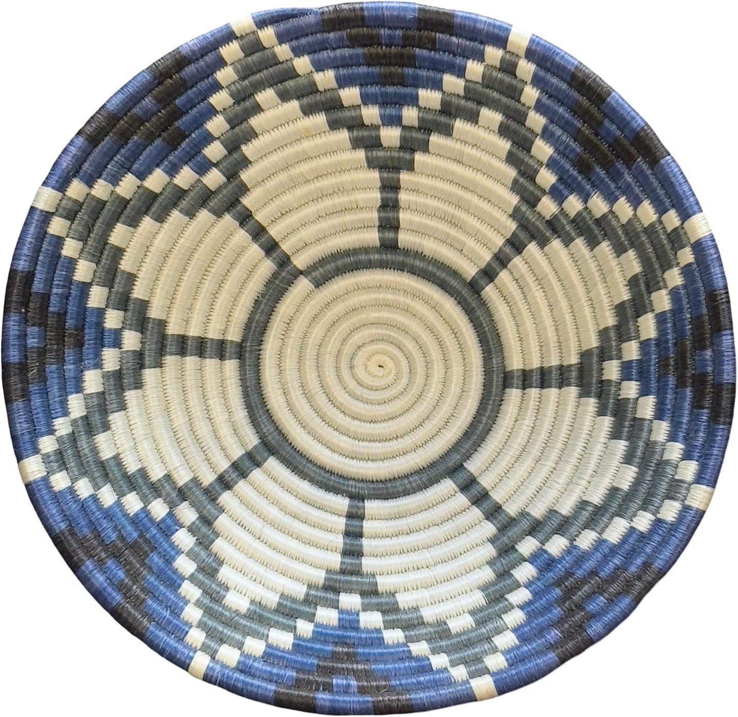 Handwoven African Basket Handmade sisal Fruit Bowl Wall Hanging decorative Baskets for Home Living Room Kitchen Centerpiece Zen Designs Arts and Crafts (Royal Blue Floral, 12in diameter)