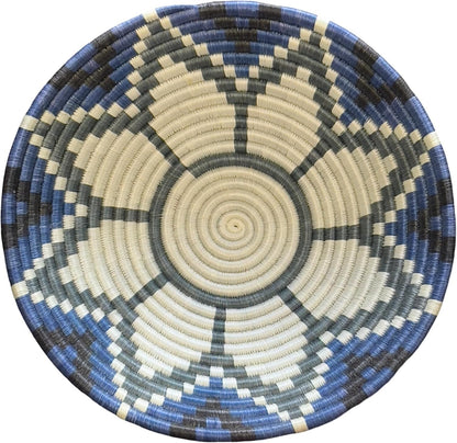 Handwoven African Basket Handmade sisal Fruit Bowl Wall Hanging decorative Baskets for Home Living Room Kitchen Centerpiece Zen Designs Arts and Crafts (Royal Blue Floral, 8in diameter)