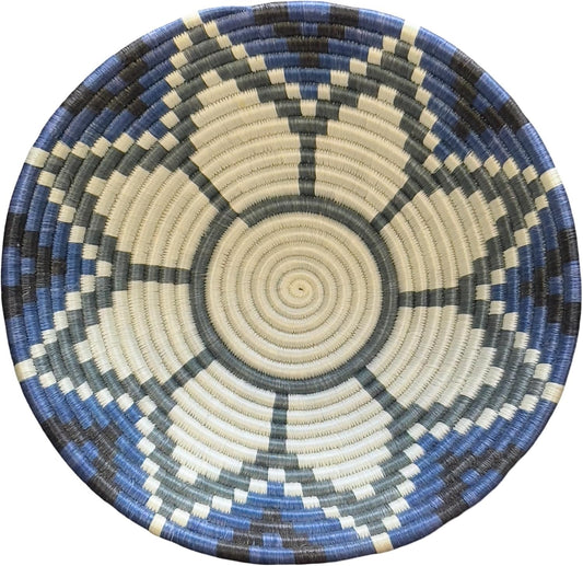Handwoven African Basket Handmade sisal Fruit Bowl Wall Hanging decorative Baskets for Home Living Room Kitchen Centerpiece Zen Designs Arts and Crafts (Royal Blue Floral, 10in diameter)