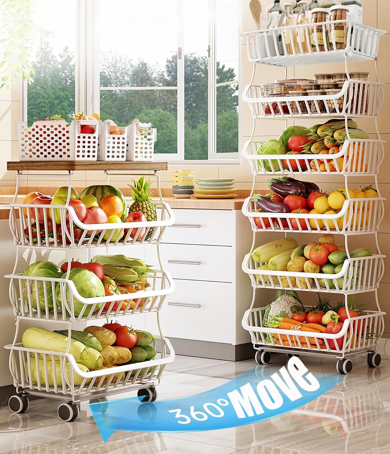 MURRI&MURRDI Fruit Vegetable Storage Basket with Wheels, 6 Tier Stackable Wire Storage Baskets, Tall Standing Produce Kitchen Rack Display, Narrow Rolling Cart for Pantry Onion Potato, White