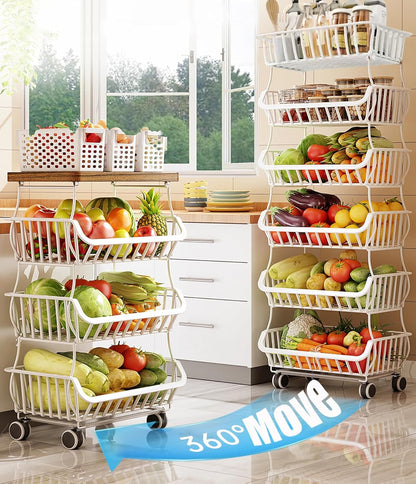 MURRI&MURRDI Fruit Vegetable Storage Basket with Wheels, 6 Tier Stackable Wire Storage Baskets, Tall Standing Produce Kitchen Rack Display, Narrow Rolling Cart for Pantry Onion Potato, White