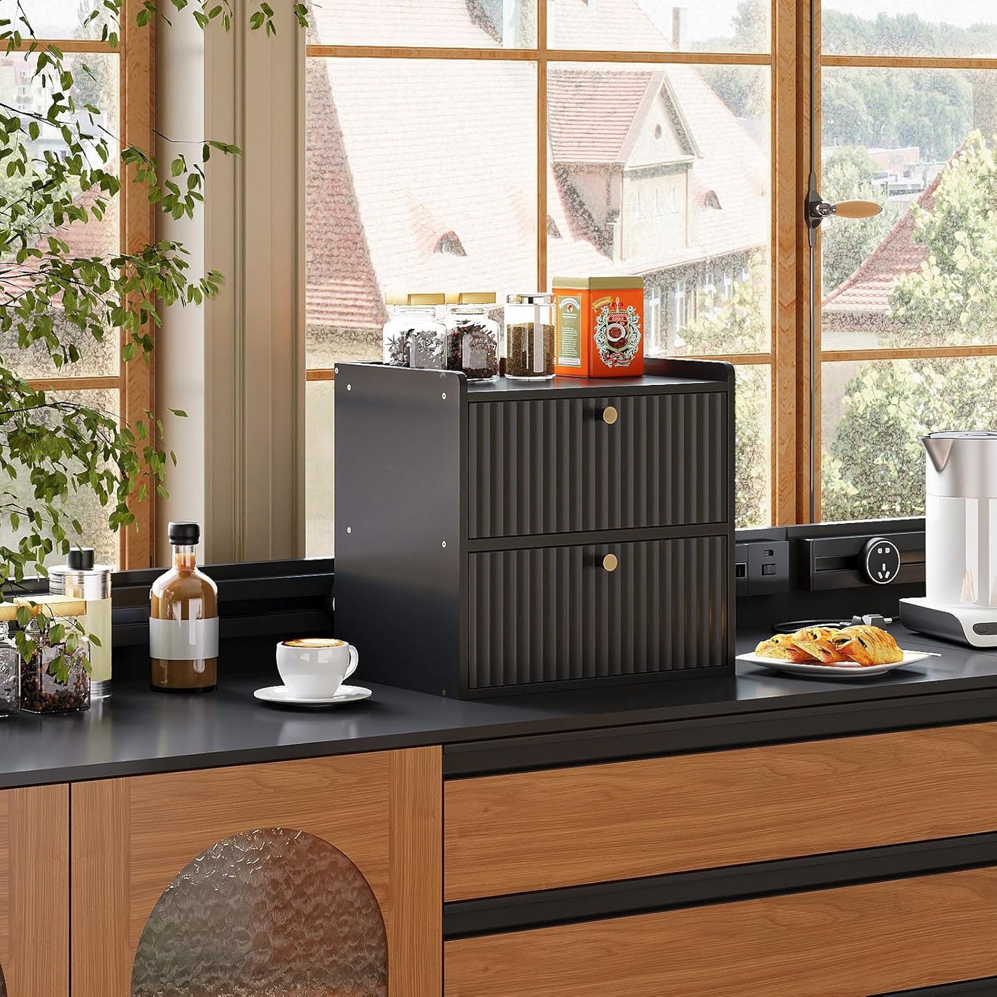 Rustic Bread Box for Kitchen Countertop Bamboo Bread Storage Container Bin Double Layer BreadBox Farmhouse Large Capacity Food Organizer Black